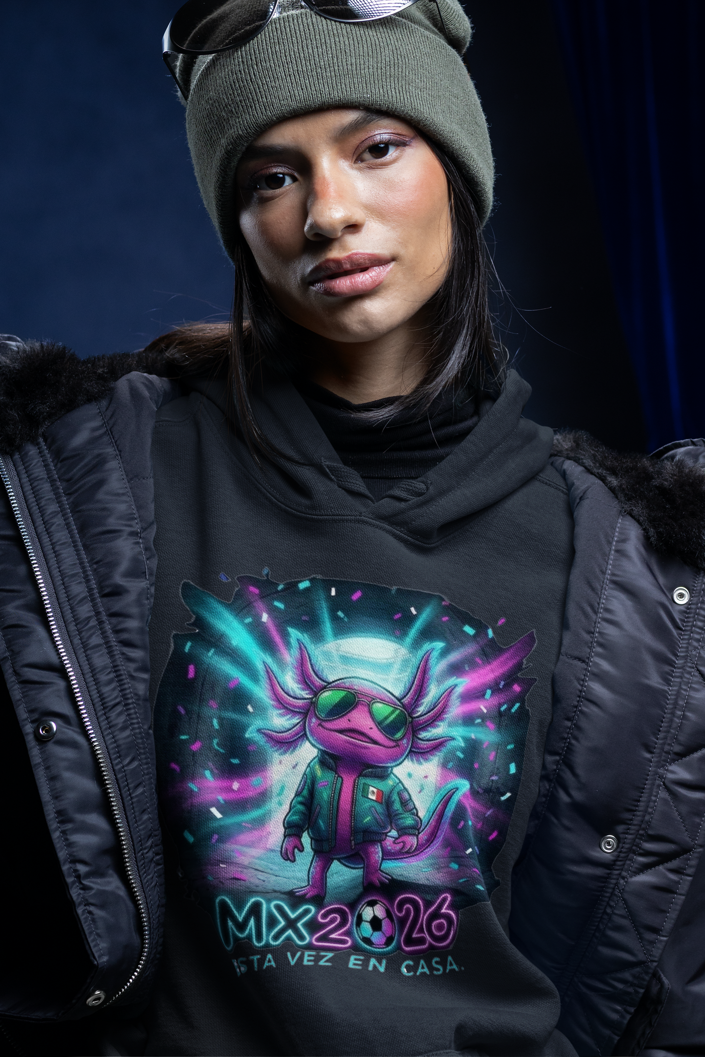 KROMA Black Hoodie — Stadium Axolotl | Cyber-México Streetwear