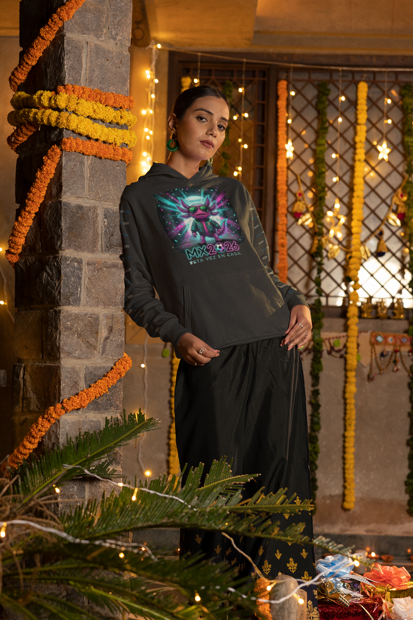 KROMA Black Hoodie — Stadium Axolotl | Cyber-México Streetwear