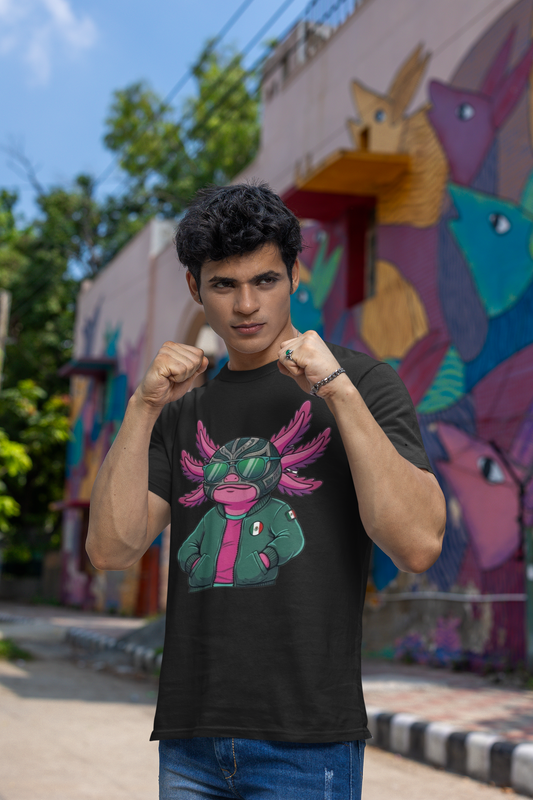 KROMA Black Tee — Luchador Axolotl | Cyber-México Streetwear