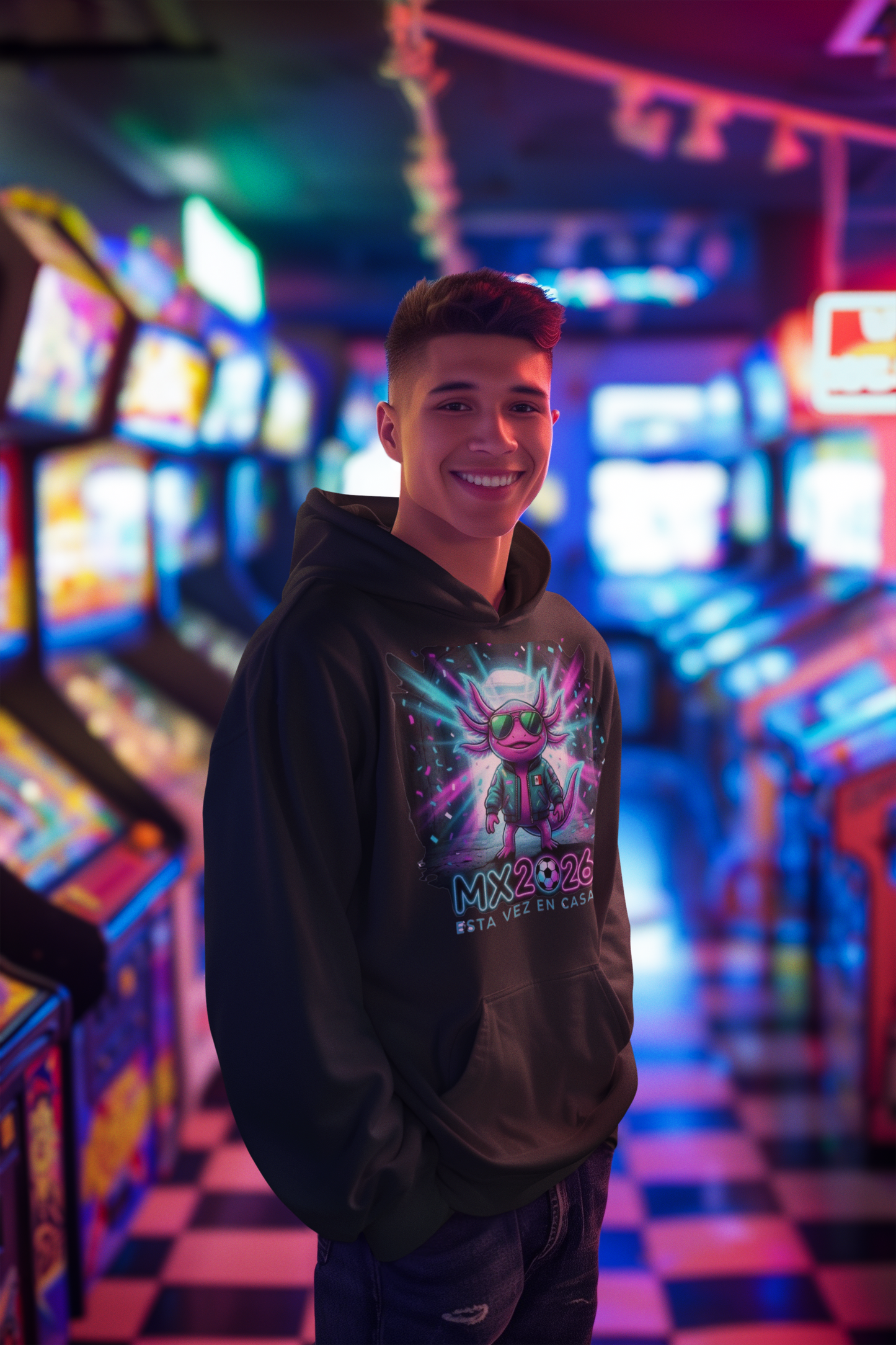 KROMA Black Hoodie — Stadium Axolotl | Cyber-México Streetwear