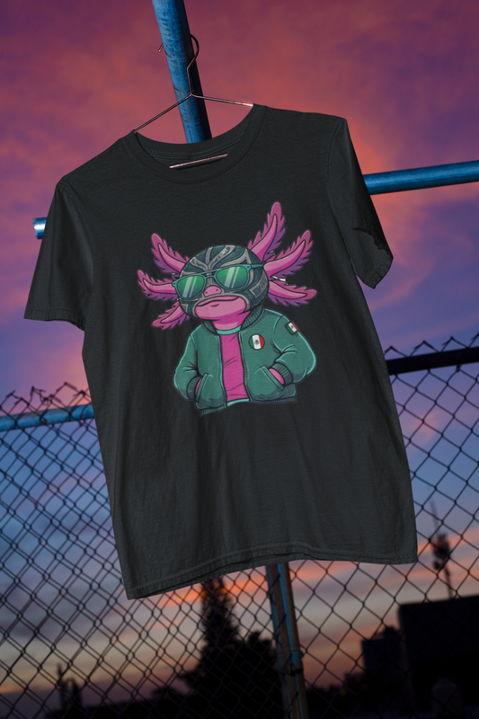 KROMA Black Tee — Luchador Axolotl | Cyber-México Streetwear
