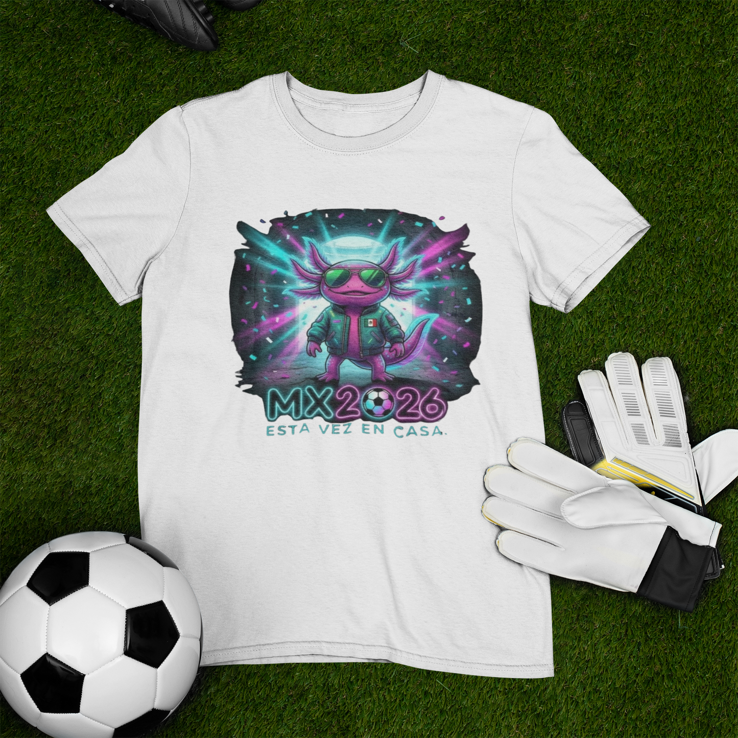 KROMA White Tee — Stadium Axolotl | Cyber-México Streetwear
