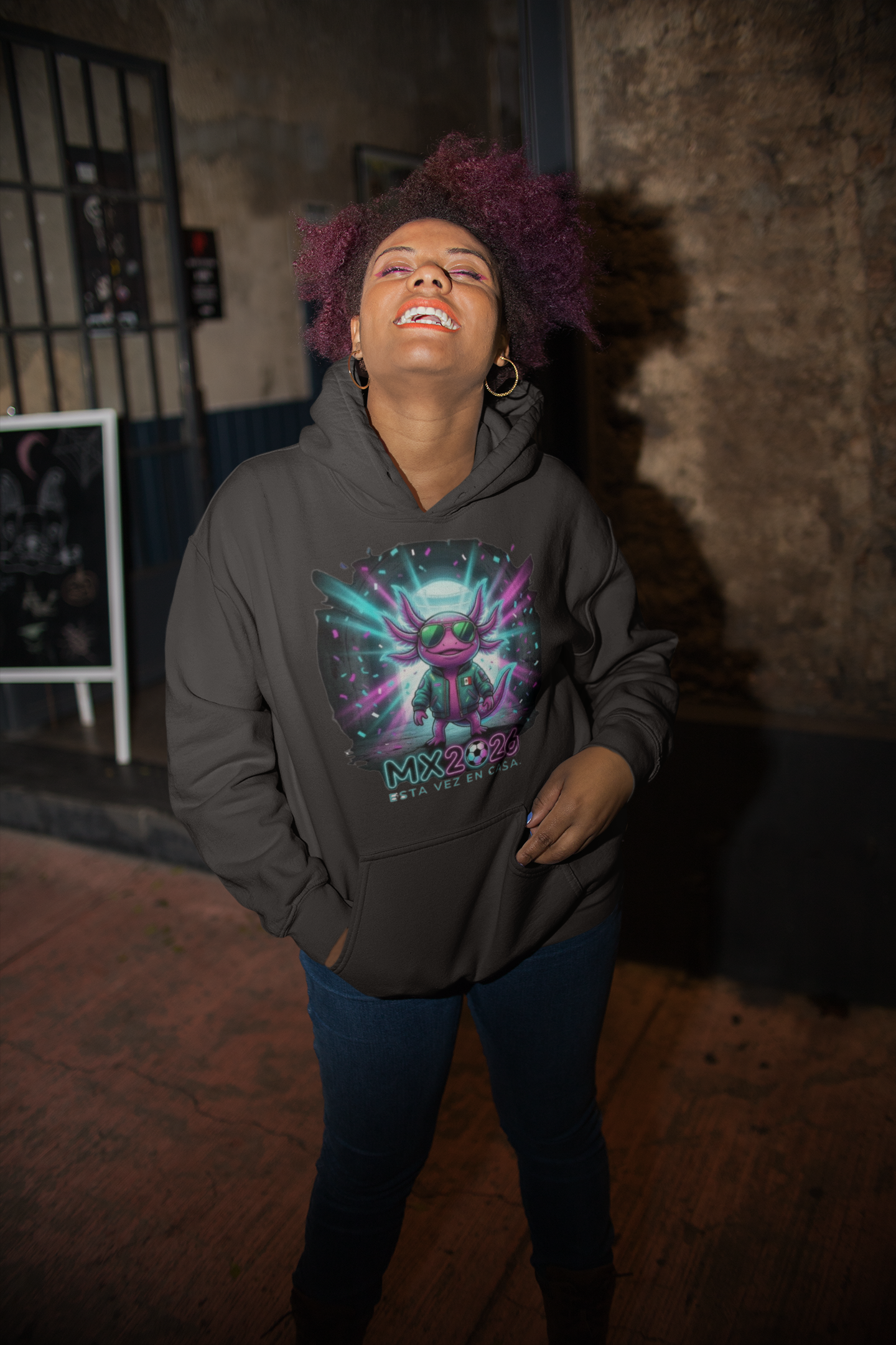 KROMA Black Hoodie — Stadium Axolotl | Cyber-México Streetwear